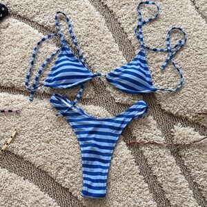 Blue and White Striped Bikini Set